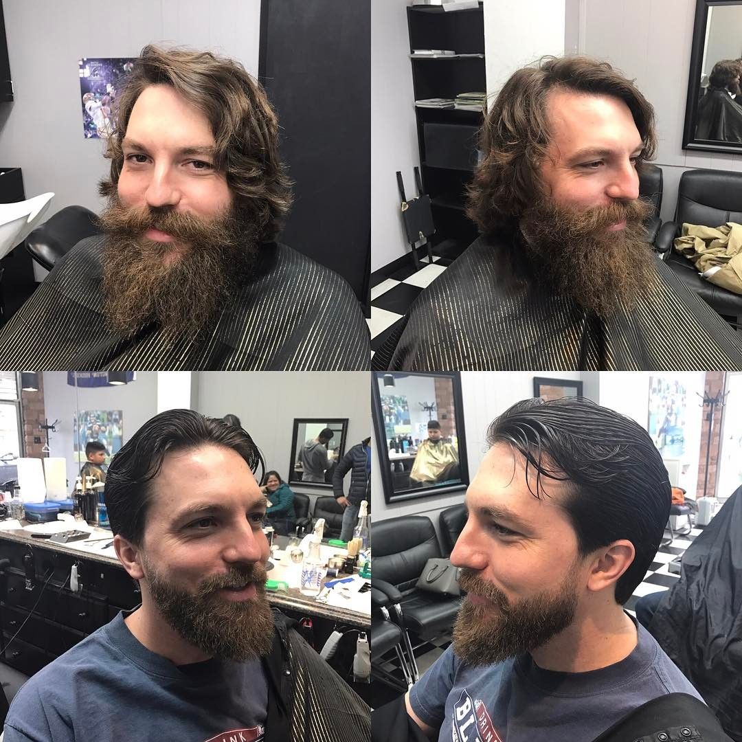Before and after: long hair and full beard reshaped into a slick-back and trimmed beard
